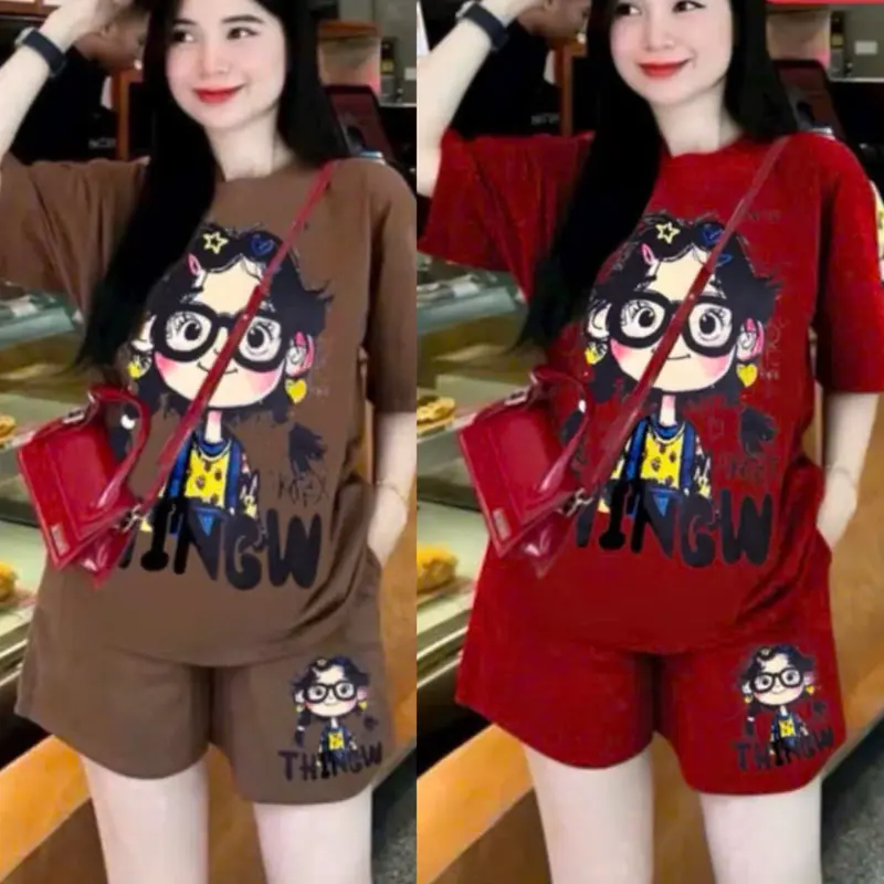 Đồ bộ nữ mặc nhà mùa hè phom rộng chất cotton su set bộ đồ quần đùi áo ngắn in bộ thing