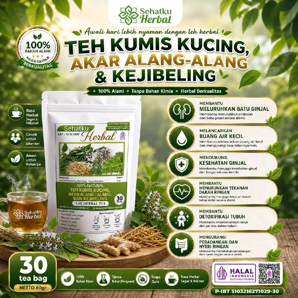 Sehatkuherbal Teh Daun Kumis Kucing, Daun Kejibeling & Akar Alang-alang 30 Tea Bag - Detoks Ginjal & Melancarkan Buang Air Kecil - Asam