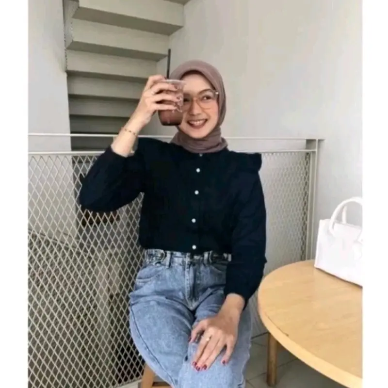 Zia Blouse - Blouse - Blouse Wanita - Atasan Wanita Blouse Katun Polos V-Neck Kancing Linen Panjang Variasi Rempel atasan  viral Top 4