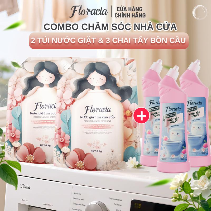   ZHUZHU  Combo 2 Túi Nước Giặt Floracia Hương Nước Hoa túi 2KG & 3 Chai Nước Tẩy Bồn Cầu Hương Đào diệt khuẩn khử  mùi hiệu quả 