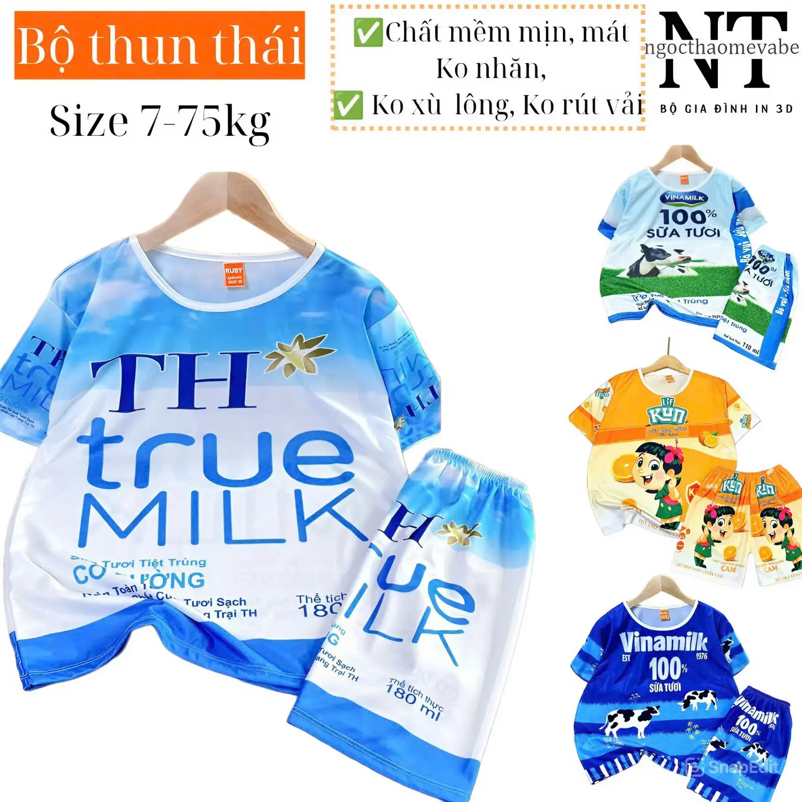 Đồ bộ thun mẫu TH miilk, mẫu nước hottrendd áo cộc tay quần đùi chất mềm, mịn, mát, k nhăn, k xù lông, k phai màu