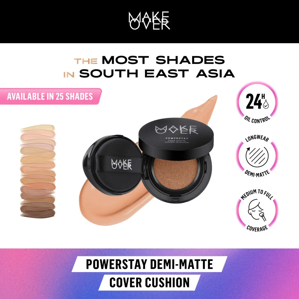 MAKE OVER Powerstay Demi-Matte Cover Cushion - Cushion Matte High Coverage Foundation Compact Ringan Oil Control Make Up Wajah Tahan Lama 24 Jam Non-Comedogenic BEST SELLER Concealer Make Up