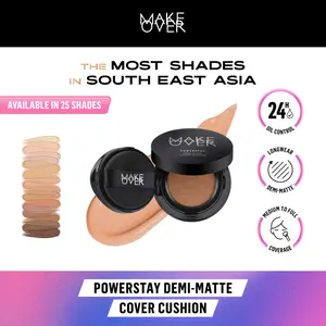 MAKE OVER Powerstay Demi-Matte Cover Cushion - Cushion Matte High Coverage Foundation Compact Ringan Oil Control Make Up Wajah Tahan Lama 24 Jam Non-Comedogenic BEST SELLER Concealer Make Up