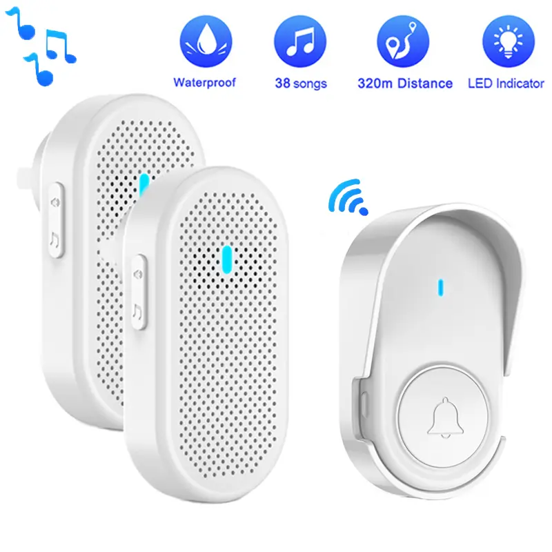 Wireless Doorbell 1 Button 2 Receivers,Plug-in Receiver, Waterproof Button, 1000 Foot Operating Range, 5 Volume Levels, 38 Ringing Tones, LED Flash And CD Sound, Suitable For Home, Office And Classroom