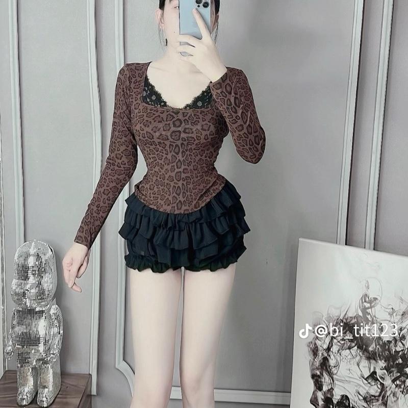 Bigsize Set áo tay dài phối ren + chân váy có lót quần bo chun 55-90kg