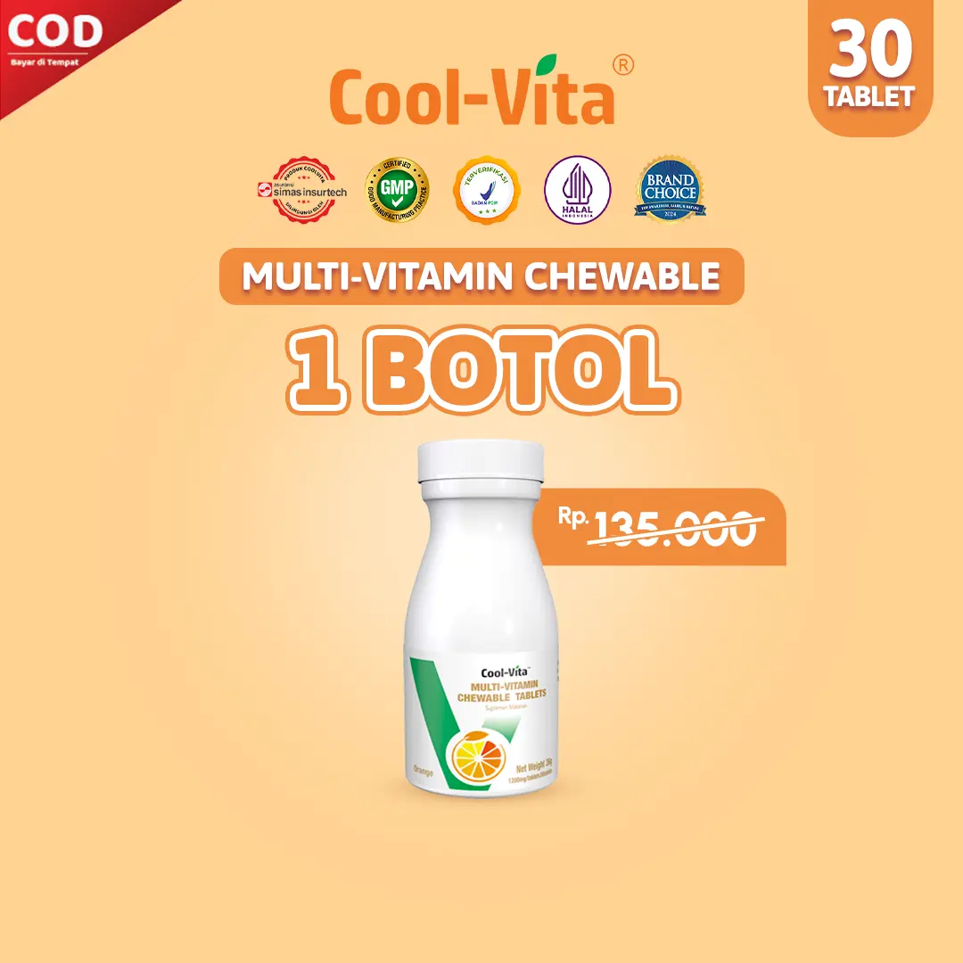 [A] Cool-Vita 1 Botol Multivitamin Rasa Jeruk Chewable isi 30 Tablet Vitamin Suplemen Kesehatan Bantu Penuhi Kebutuhan Nutrisi dan Vitamin Harian| BPOM & HALAL