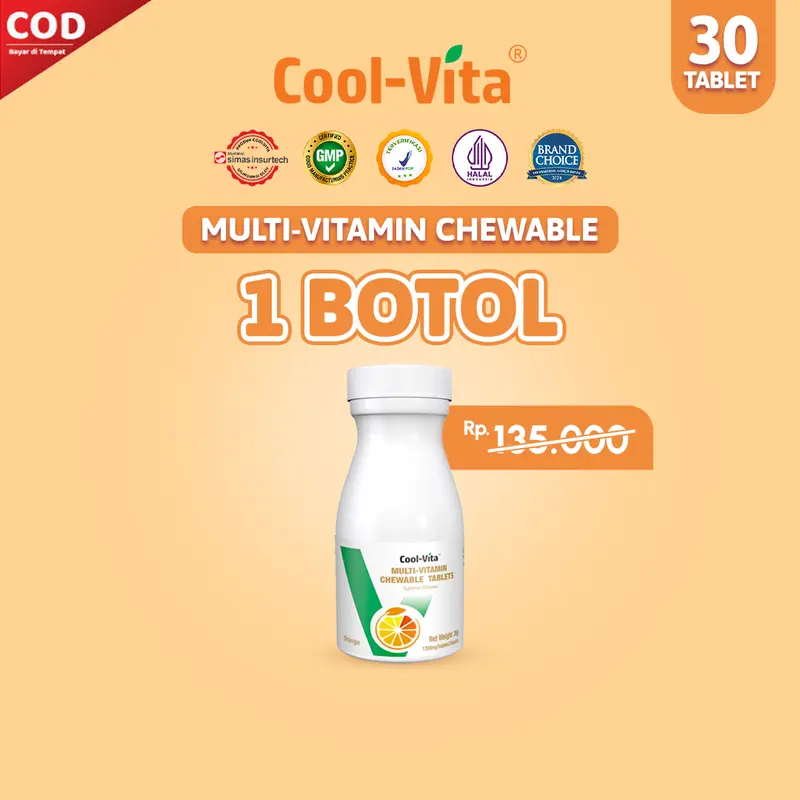 [A] Coolvita 1 Botol Multivitamin Chewable isi 30 Tablet - Tablet Kunyah | Vitamin/ Suplemen Kesehatan | Bantu Penuhi Kebutuhan Nutrisi dan Vitamin Harian 0