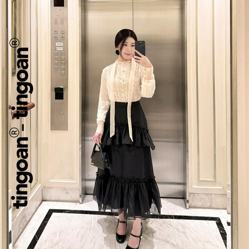 TINGOAN - Chân váy dài cạp cao đen thêu chữ "TINGOAN" cạp sau váy bèo nhỏ 2 tầng LIU WEN SKIRT BL