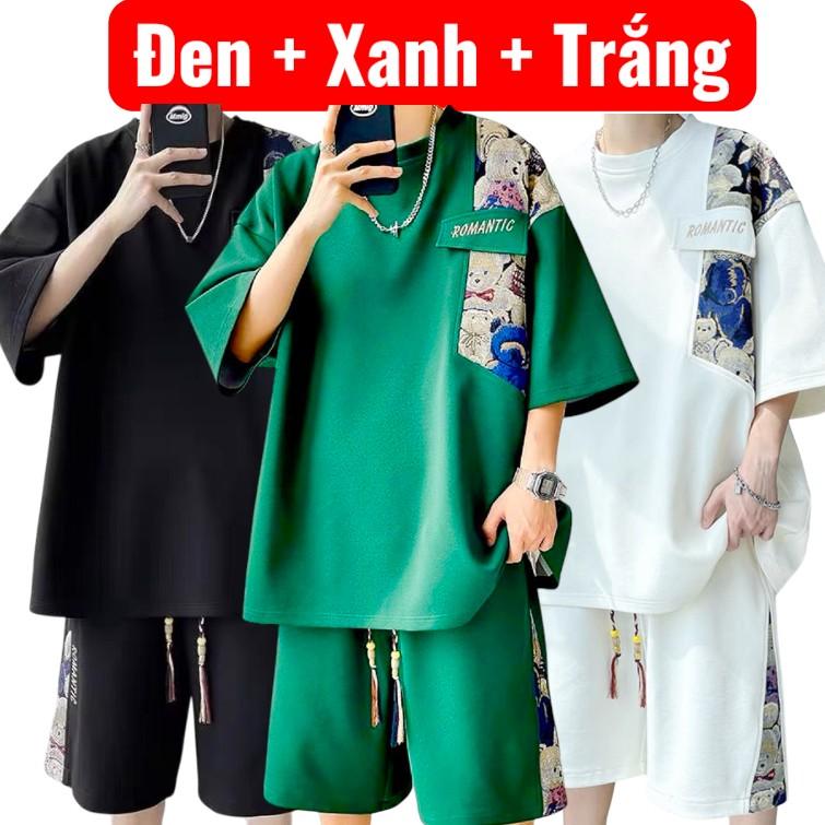 có Bigsize Bộ đồ Unisex nam nữ Cotton tổ ong,quần đùi áo cộc tay Menswear Top Mã phối hình Bộ Gấu ROMANTIC