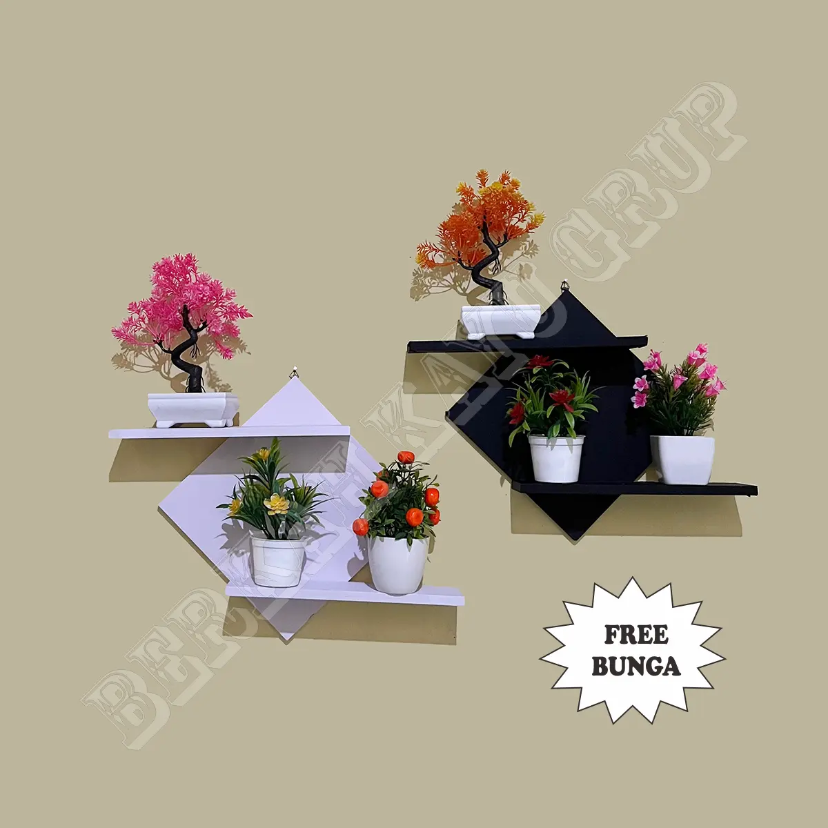 Hiasan Dinding Paket /  Rak Dinding + 3 Bunga Minimalis / Model Diagona / Dekorasi Dinding
