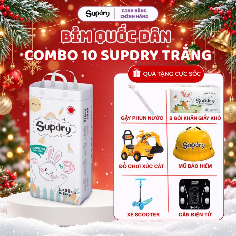 COMBO 10 bịch Tã/Bỉm Supdry, Bỉm Supdry Trắng Siêu Thấm Hút, An Toàn và Khô Thoáng Cho Bé size NB, S, M, L, XL, XXL, XXXL, XXXXL cho bé từ 4kg - hơn 20kg + Quà tặng