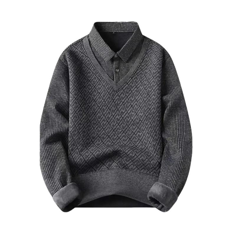 Áo len nam trung niên cao cấp lót nỉ nhung mềm mịn cổ sơ mi kẻ sọc phong cách lịch lãm trẻ trung Menswear Dài Tay giữ ấm mùa đông - Kem 