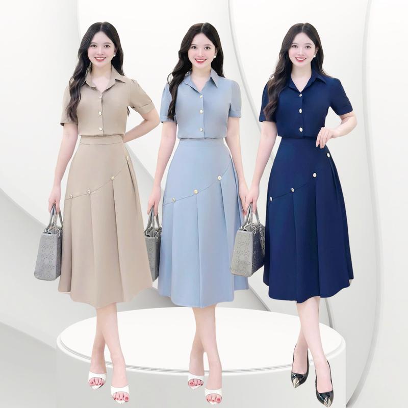 Áo sơ mi lẻ nữ (KHÔNG KÈM VÁY) thiết kế Nhật Vy cài nút tay ngắn dáng ôm bigsize chất lụa phù hợp công sở văn phòng dự tiệc quà tặng vợ mẹ màu nâu xám xanh đen - D3335