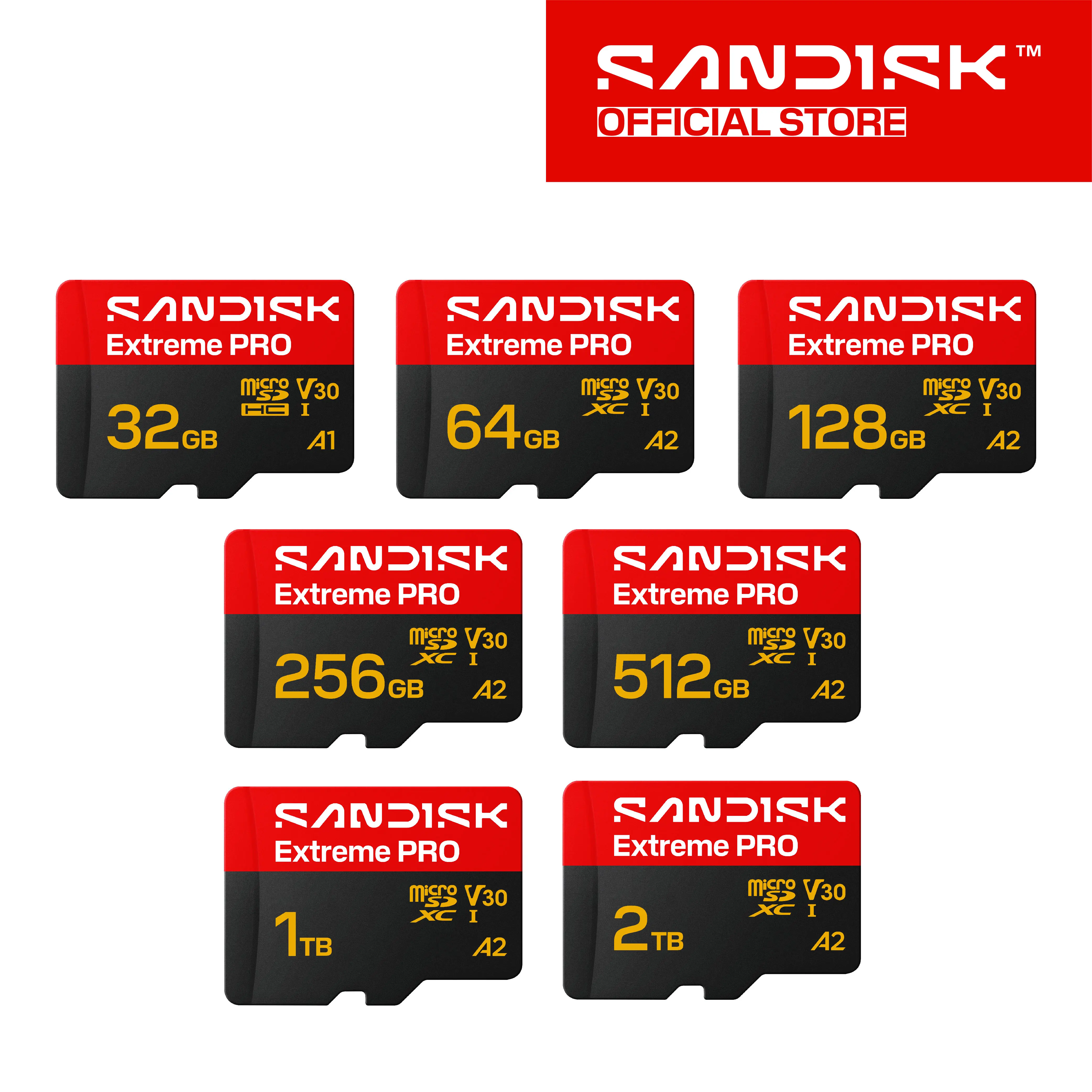 SANDISK Extreme PRO microSD 32GB / 64GB / 128GB / 256GB / 512GB / 1TB / 2TB A2 U3 V30 4K UHD – With Adapter