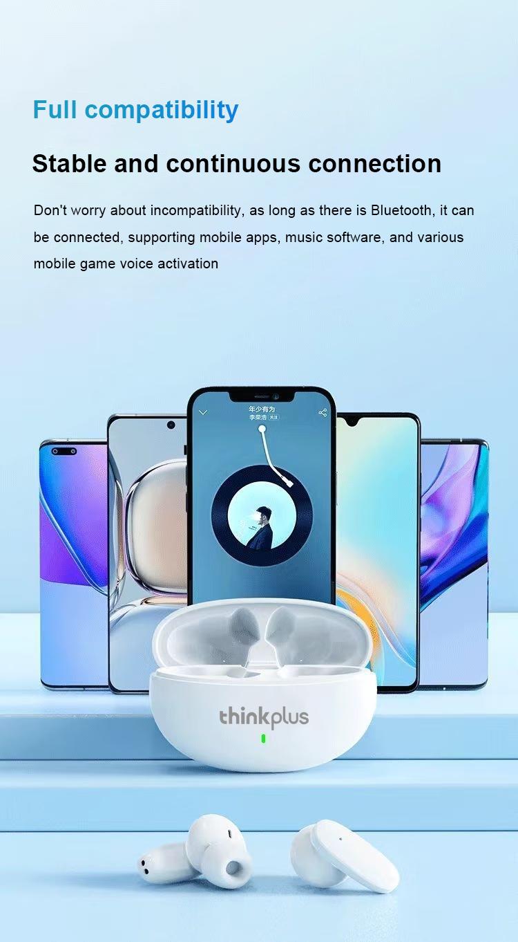 Lenovo ThinkPlus LP90 TWS Headphone Nirkabel Earphone Bluetooth 5.3 Tahan Air dengan Mic untuk Xiaomi iPhone Pro4 Earbud Bass Wireless Putih Headset dengan ENC Noise-Cancelling dan Bateri 20 Jam