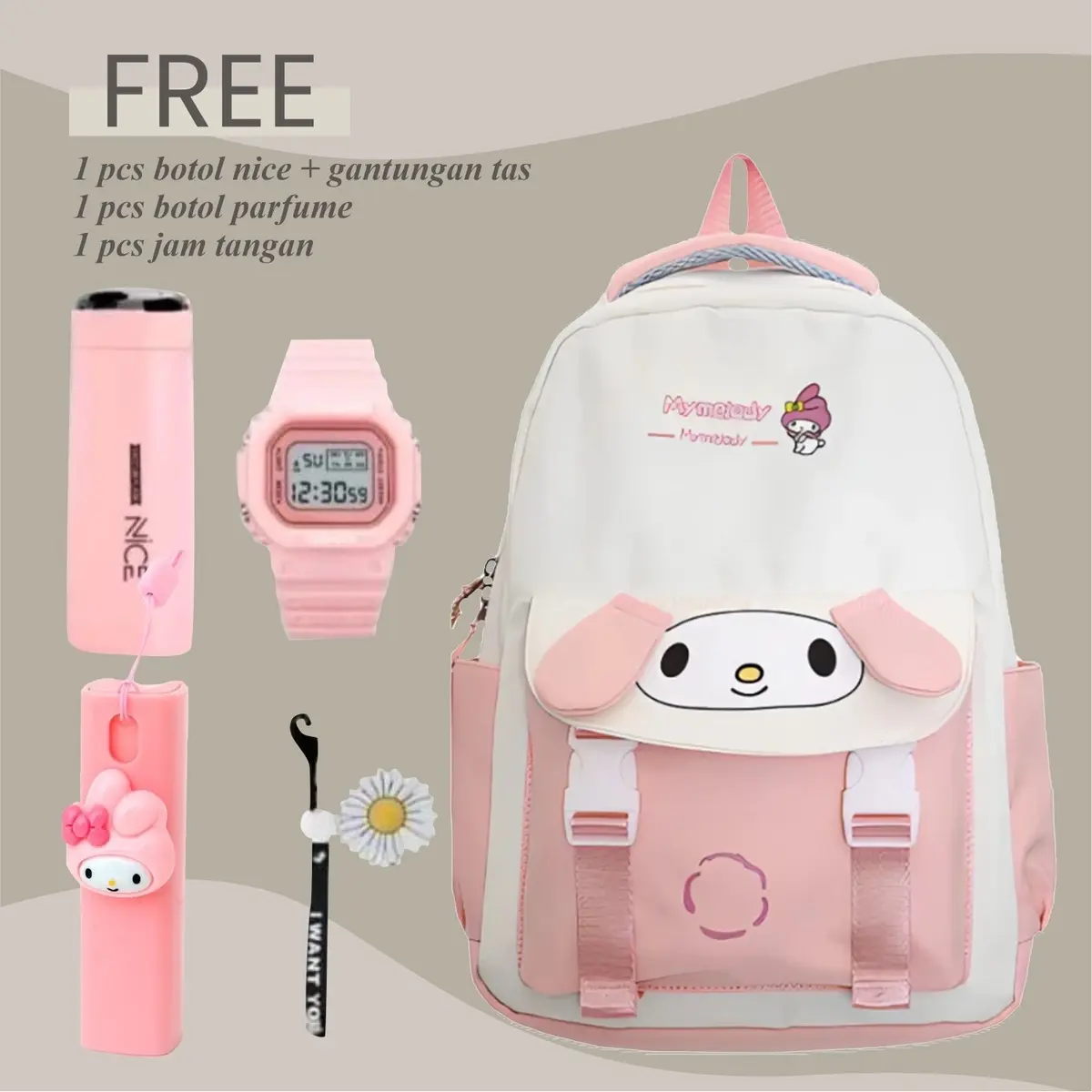 Tas Ransel Anak Perempuan Kuromi My Melody Sanrio Bags Tas Sekolah Bonus  Botol Minum Jam tangan Botol Parfume Anak Kuromi Model Terbaru Bisa COD