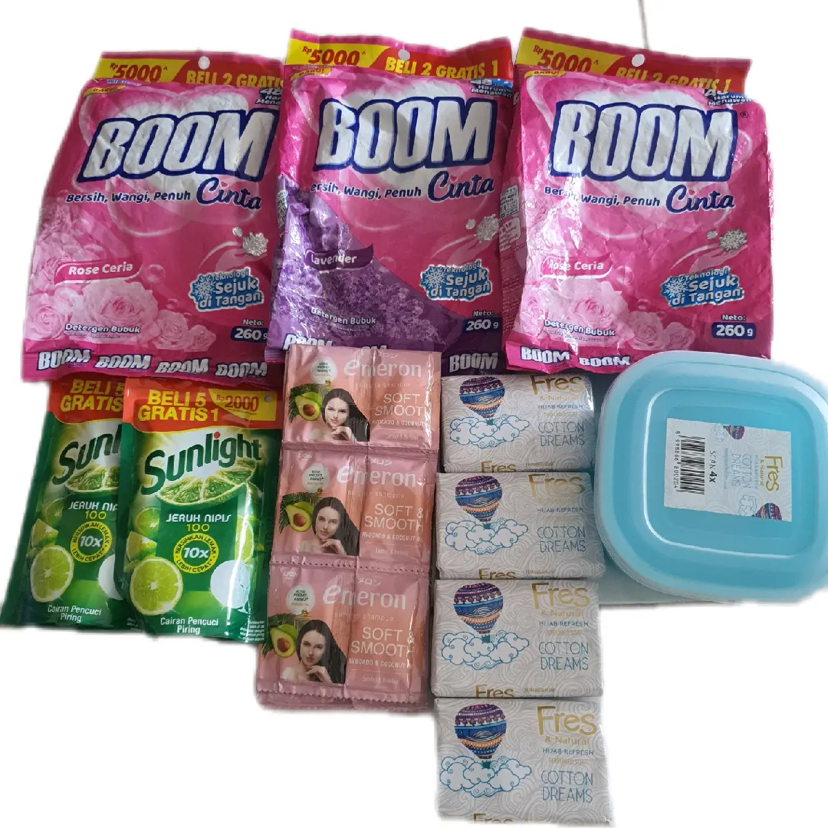 [PAKET 30 RIBU] DETERGEN BOOM 3PCS + SABUN FRESH 1 BOX ISI 4PCS + SHAMPO 1 RENTENG (EMERON/ZINC) + SUNLIGHT 2PCS