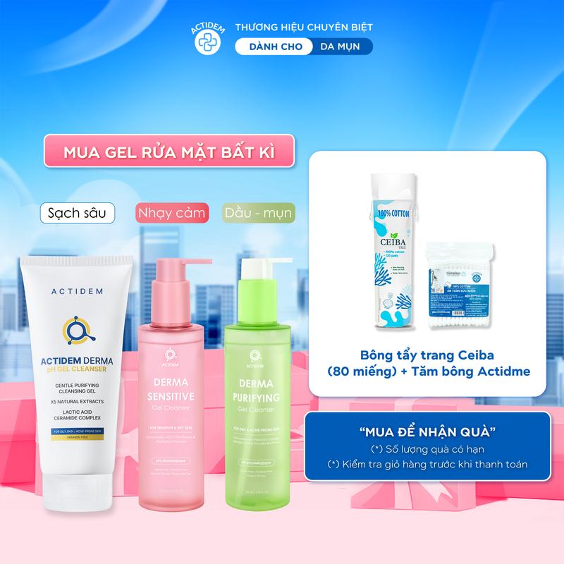 [Tặng Bông tẩy trang + Tăm bông khi mua 1 chai, Khăn khô khi mua 2 chai] Gel rửa mặt hỗ trợ ngừa mụn cho da dầu, nhạy cảm, da hỗn hợp Actidem Derma pH/Sensitive/Purifying Gel Cleanser 30/150/180ml