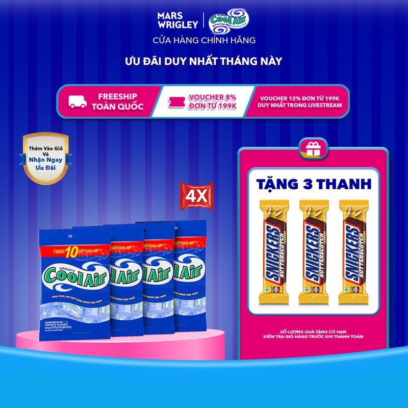 Tặng 3 thanh Snickers bơ đậu phộng Combo 4 Túi Kẹo Candy Sing-Gum Cool Air Hương Bạc Hà - Khuynh Diệp 400 + 40 Gói x 2 Viên Kẹo