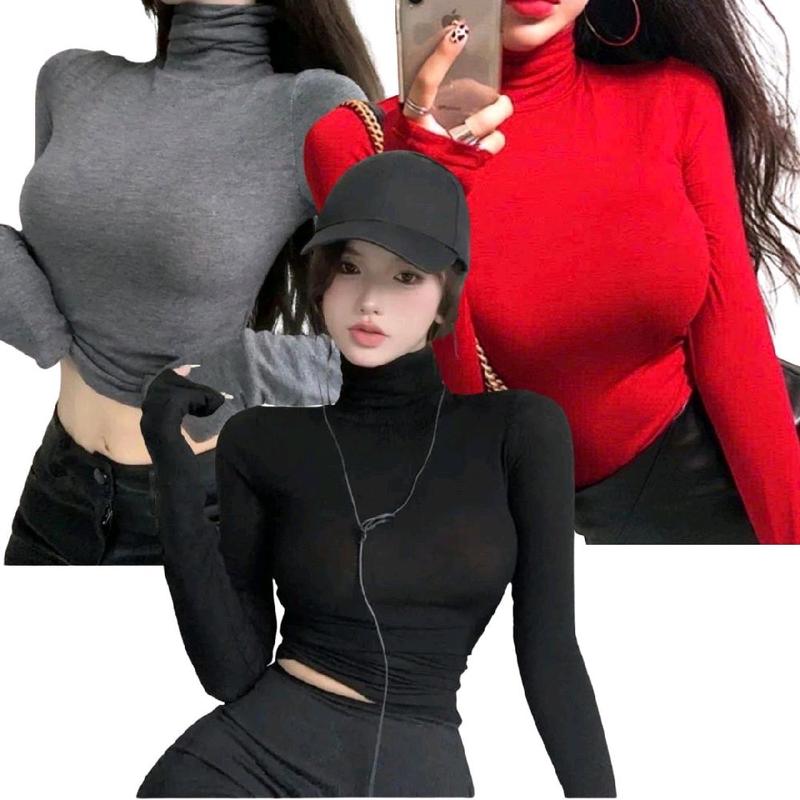 A9 - Combo 3 Áo Cổ Cao Tay Dài Ôm Body Thun Coton Lụa Mỏng Ủ Kem Mịn Mát Co Giãn 4 Chiều Thấm Hút Mồ Hôi Tốt Phù Hợp 4 Mùa Freesize 40-52kg Chất Liệu Mịn Mát Co Giãn 4 Chiều Nhiều Màu Sắc Lựa Chọn