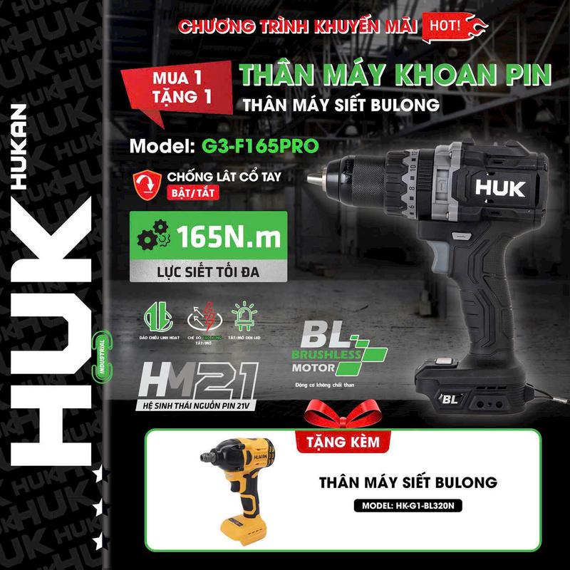  Máy Khoan Pin 13mm Hukan HUK F165 Pro Lực Siết 165N Tặng Thân Bulong Hukan 320N  Không Chổi Than Bảo Hành 1 Năm 