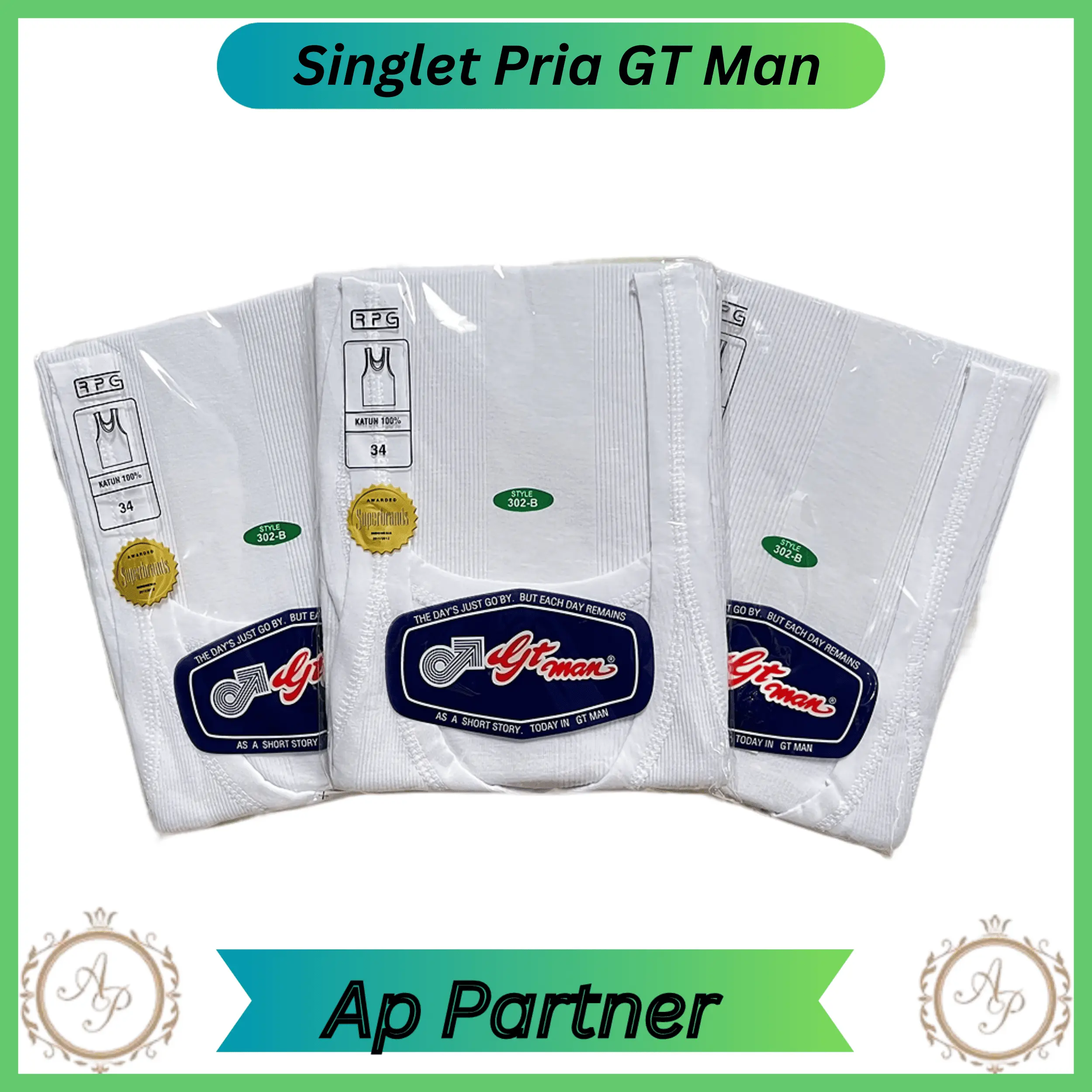 Grosir 3Pcs Singlet Laki Laki / Pakaian Dalam Pria Merk Gt Man Bahan Katun Warna Putih Size 32-42