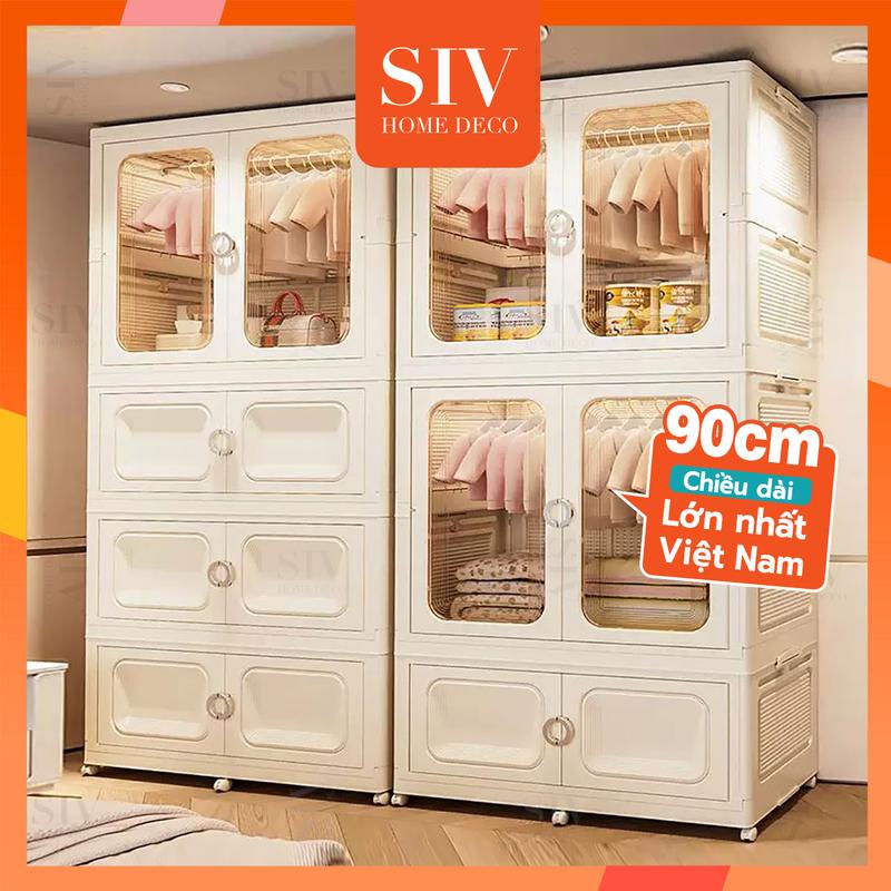 【Tối đa Rộng 90cm SIV Tủ Quần Áo Gấp Gọn Có Ngăn Treo Trẻ Em, Đựng Đồ Đa Năng Thông Minh, Tháo Lắp Dễ Dàng, Nhựa PP