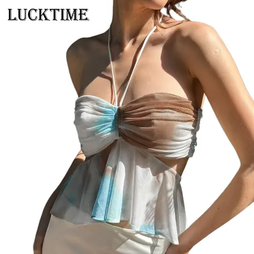 Y2K Tie Dye Floral Printed Halter Neckline Backless Tube Crow Crop Top for Women Holiday Beach Outfit Womenswear Comfortable