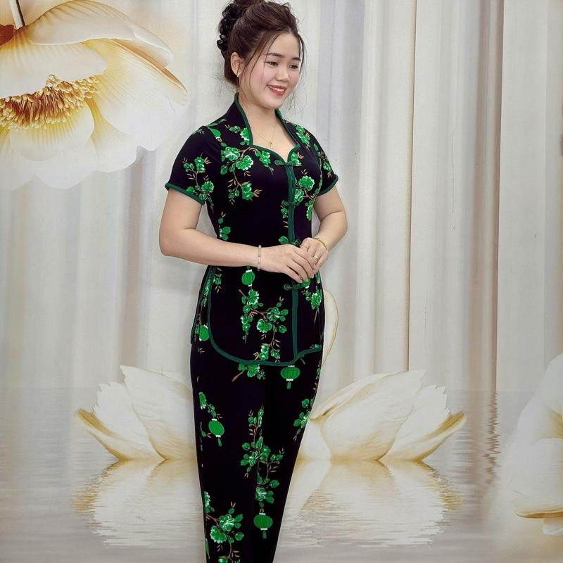 B34 Đồ bộ xẩm nữ trung niên hoạ tiết hoa mai, cổ nữ hoàng sang trọng chất liệu vải thun tơ cao cấp thương hiệu Hải Sơn