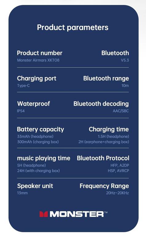 Product Introduction of MONSTER XKT08 TWS Bluetooth wireless earphones PC plastic material 1 pcs Sports earphones Low latency, smart touch Charging compartment battery 300mah Headphone battery 33mah Built-in Microphone Noise Cancellation Wireless 4