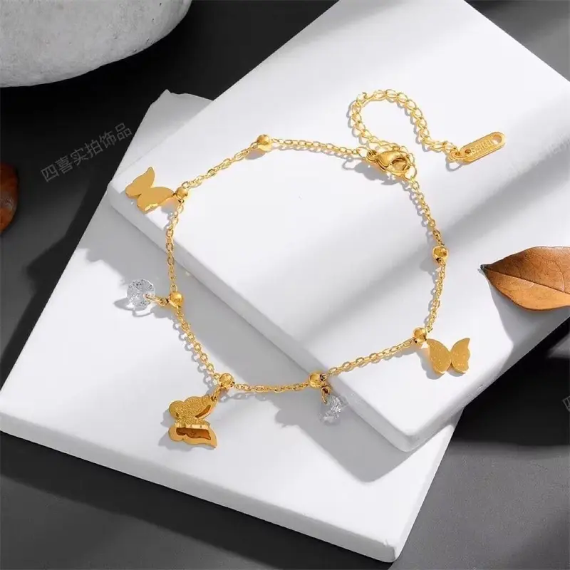 GK21 - Gelang Kaki Diana Bentuk Tiga Butterfly Gold Titanium Steel Model Korea Anti Karat 3