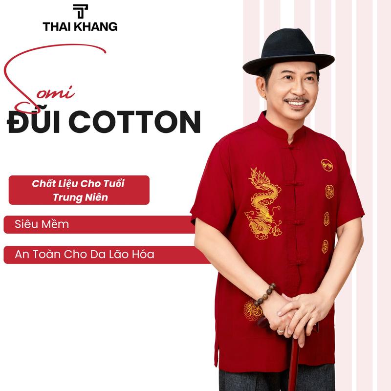 Áo sơ mi cổ trụ trung niên nam THÁI KHANG vải Đũi mịn thiêu rồng cao cấp form rộng thoải mái ATK10 Cổ Tròn Menswear tàu shanghai