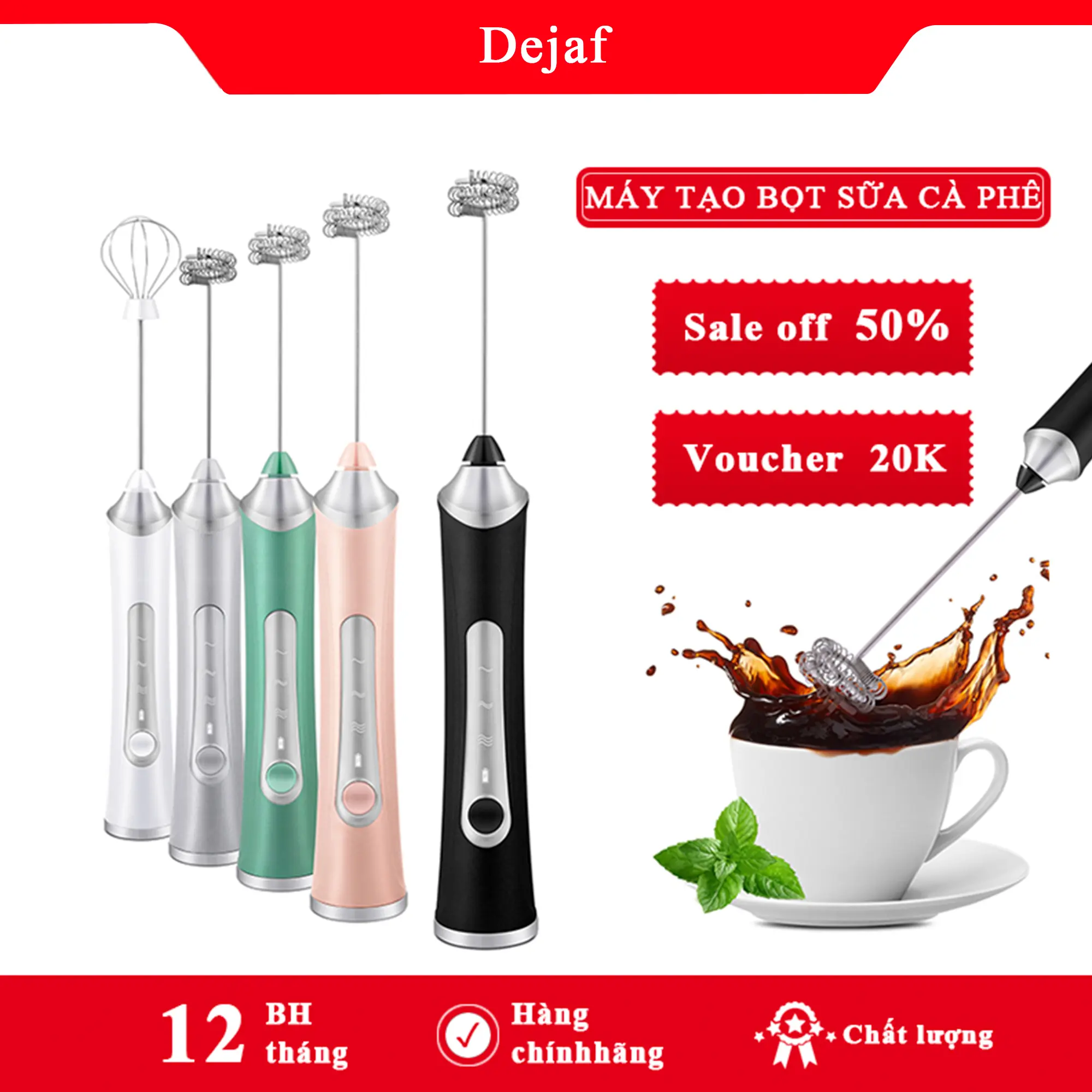 Máy tạo bọt cà phê sạc điện Dejaf, 2 đầu đa năng, thép không gỉ, đế sạc USB tiện lợi