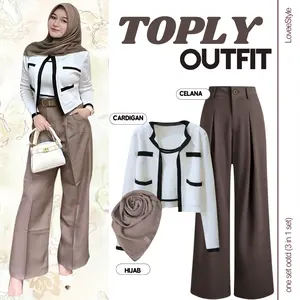 Setelan Remaja Kekinian "TOPLY OUTFIT" – (Cardigan, Celana, Hijab) One Set 3In1 OOTD Wanita Hangout Daily - LS19