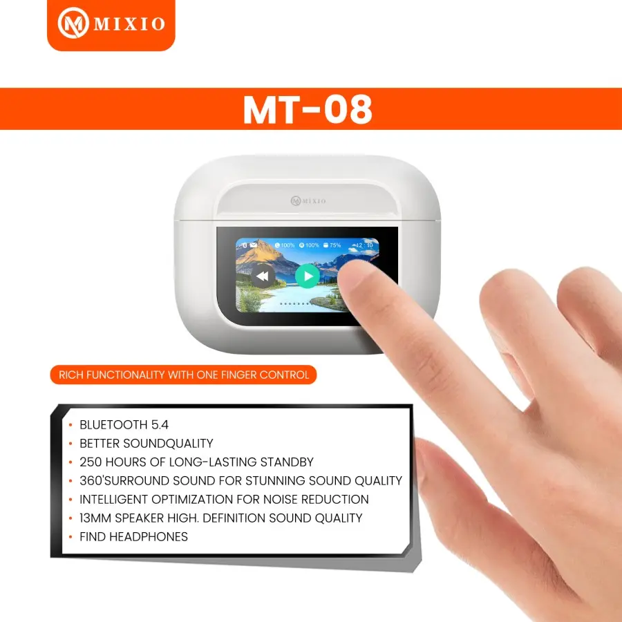 MIXIO MT-08 LCD ANC TWS Bluetooth Headset Earphone Touch Screen V5.4 Smart Screen Active Noise Reduction