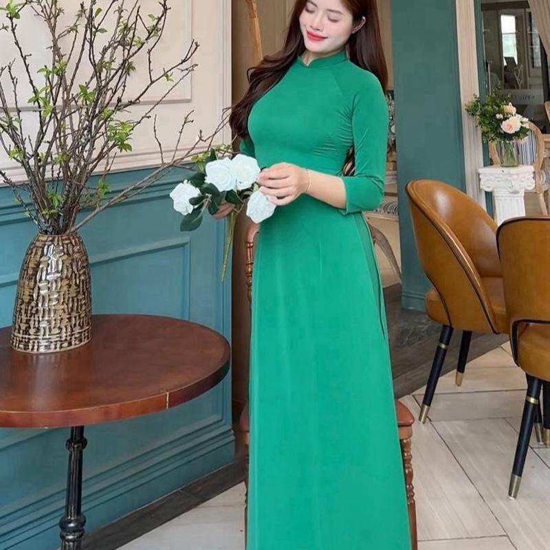 [TAY LỠ - SẴN HÀNG ] Bộ Áo dài trơn 2 tà màu xanh lá chất lụa Mỹ mềm mịn co giãn thoải mái Women Dress - Áo Dài Nhà Anne 3