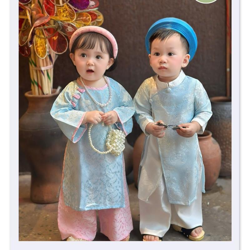 Xuka Áo dài lụa Tơ Tằm Nha Xá 2026 cho bé Trai&Gái màu xanh thiên thanh mềm mát thấm hút mồ hôi size 6-25kg nhà may Xuka handmade