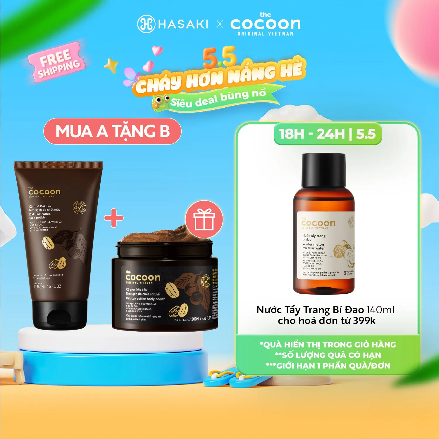 [Mega 5.5 | 17H-24H] Combo Cocoon Tẩy Tế Bào Chết Toàn Thân Cà Phê Đắk Lắk 200ml + Tẩy Tế Bào Chết Da Mặt Cà Phê Đắk Lắk 150ml | HASAKI BEAUTY