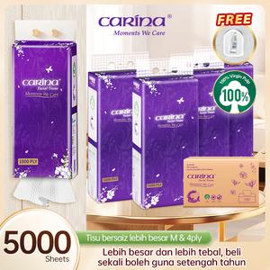 CARINA Tisu Gantung Dinding 4 Lapis Saiz M 5000 Helai 5 Pek 1000 Ply 100% Virgin Pulp Tanpa Agen Pencerahan Optik Selamat Untuk Kulit