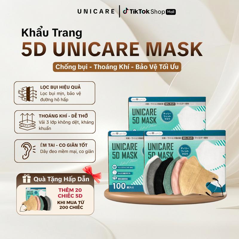 Thùng 500 Chiếc Khẩu Trang 5D Unicare - 3 Lớp Kháng Khuẩn, Chống Bụi Mịn, Mềm Mịn Thông Thoáng, Thời Trang Nam Nữ