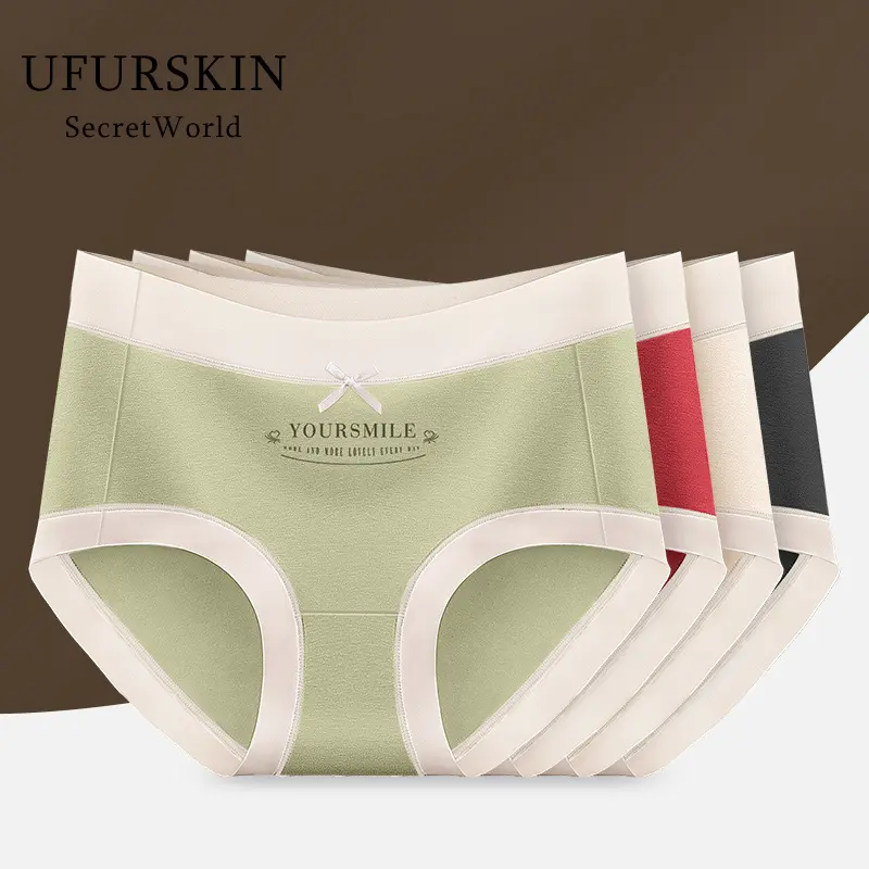 【UfurSkin】35-72.5 KG Women's mid-waist pure cotton antibacterial full cotton crotch sports breathable triangle shorts ladies Panty Lingerie Womenswear Comfort Bridal Print  -86279