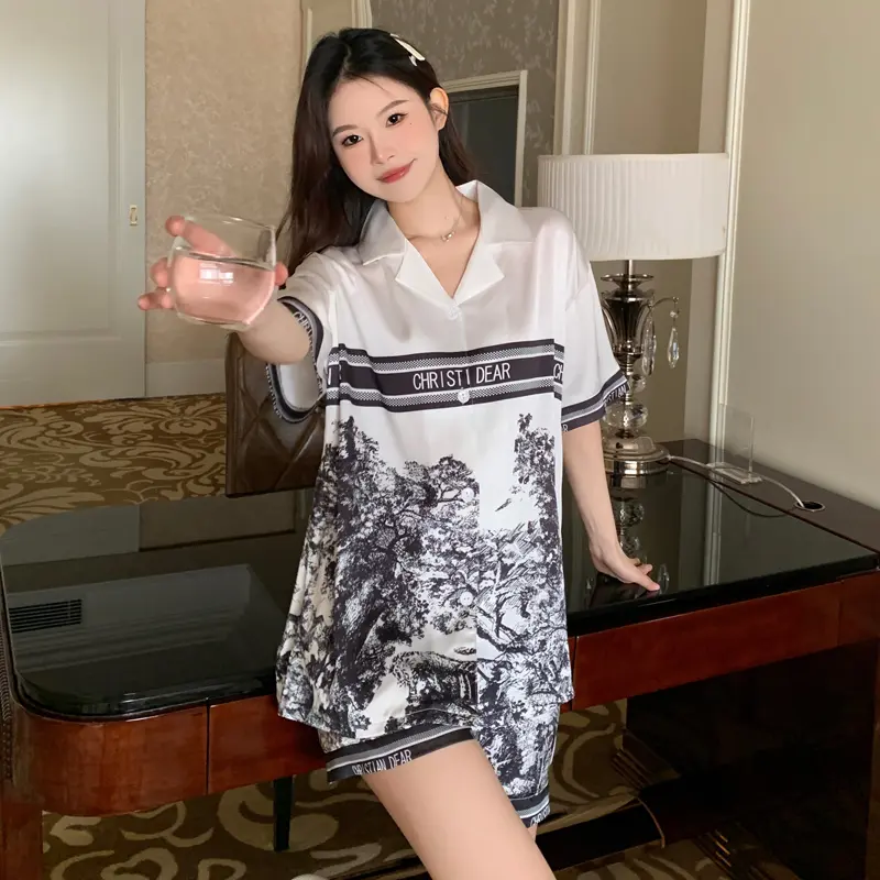 Pajama women summer thin ink painting short sleeve short cardigan set student casual home wear