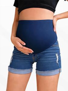 Shorts de jeans rasgados azul para embarazadas, soporte para el vientre, cintura media con elasticidad, estilo casual que estiliza la figura, diseño liso a la moda, cómodos y elegantes