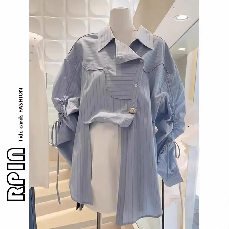 Áo Sơ Mi Kẻ Sọc Có Dây Rút Bất Đối Xứng Đều Cho Nữ, Thời Trang Nữ, Áo Sơ Mi Thường Ngày Dáng Rộng Ngoại Cỡ, Áo Phong Cách Phương Tây