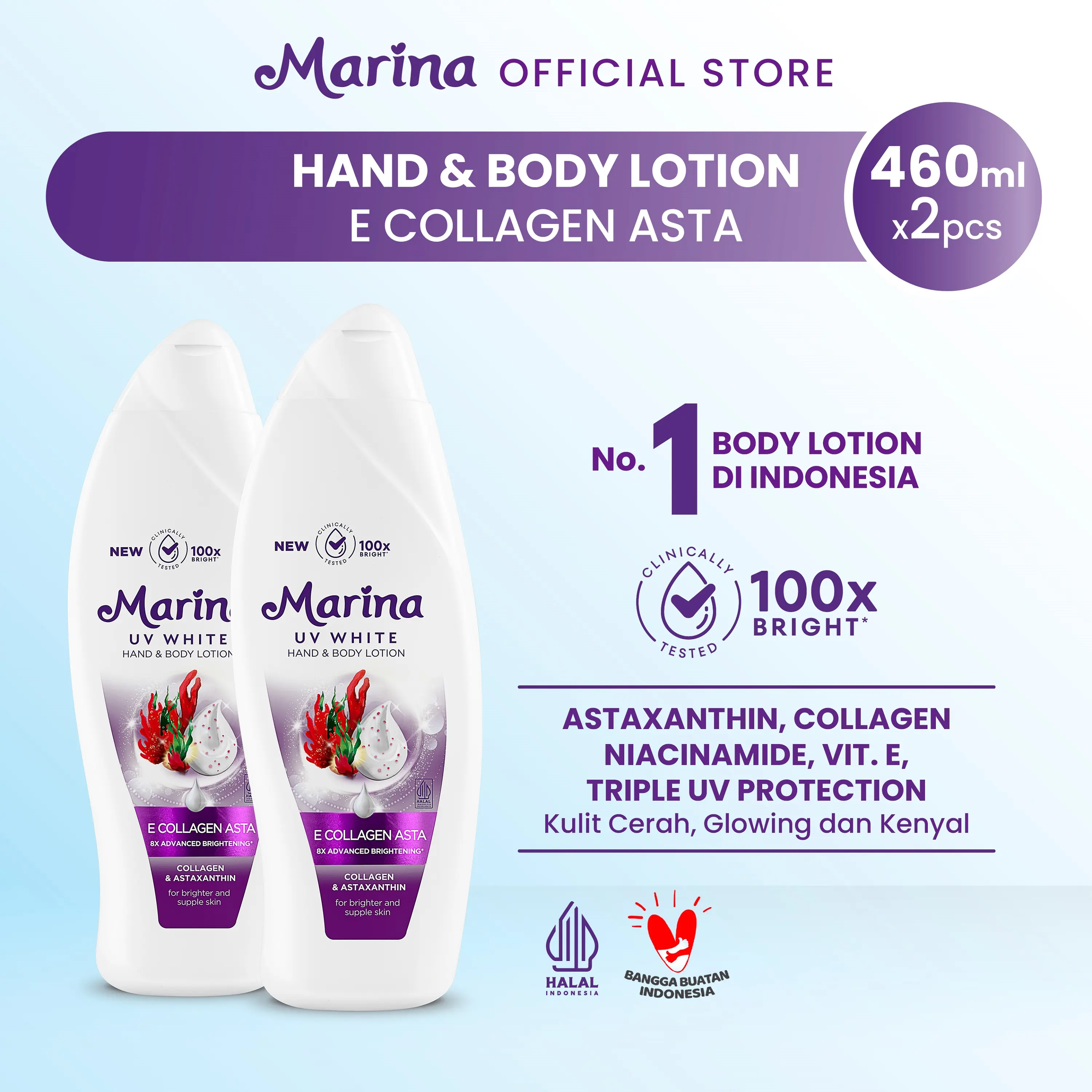 Marina UV White Hand & Body Lotion E Collagen Astaxanthin [460 ml/2 pcs] Exp : 06.2027 - Mencerahkan Badan