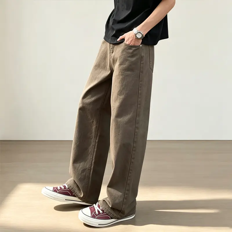 Celana jeans kasual cokelat gaya Amerika Unisex Celana kasual longgar pinggang tinggi baru Celana panjang lurus retro