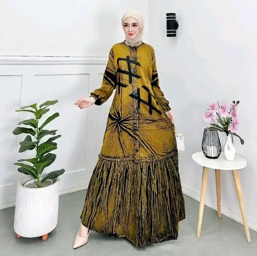Gamis Jins Nyaman Gamis Rayon corak Motif kotak  gamis Kancing Depan GAMIS Cantik TANGAN Karet Gamis Kotak Garis Muslim 2025 gamis Wanita kekinian