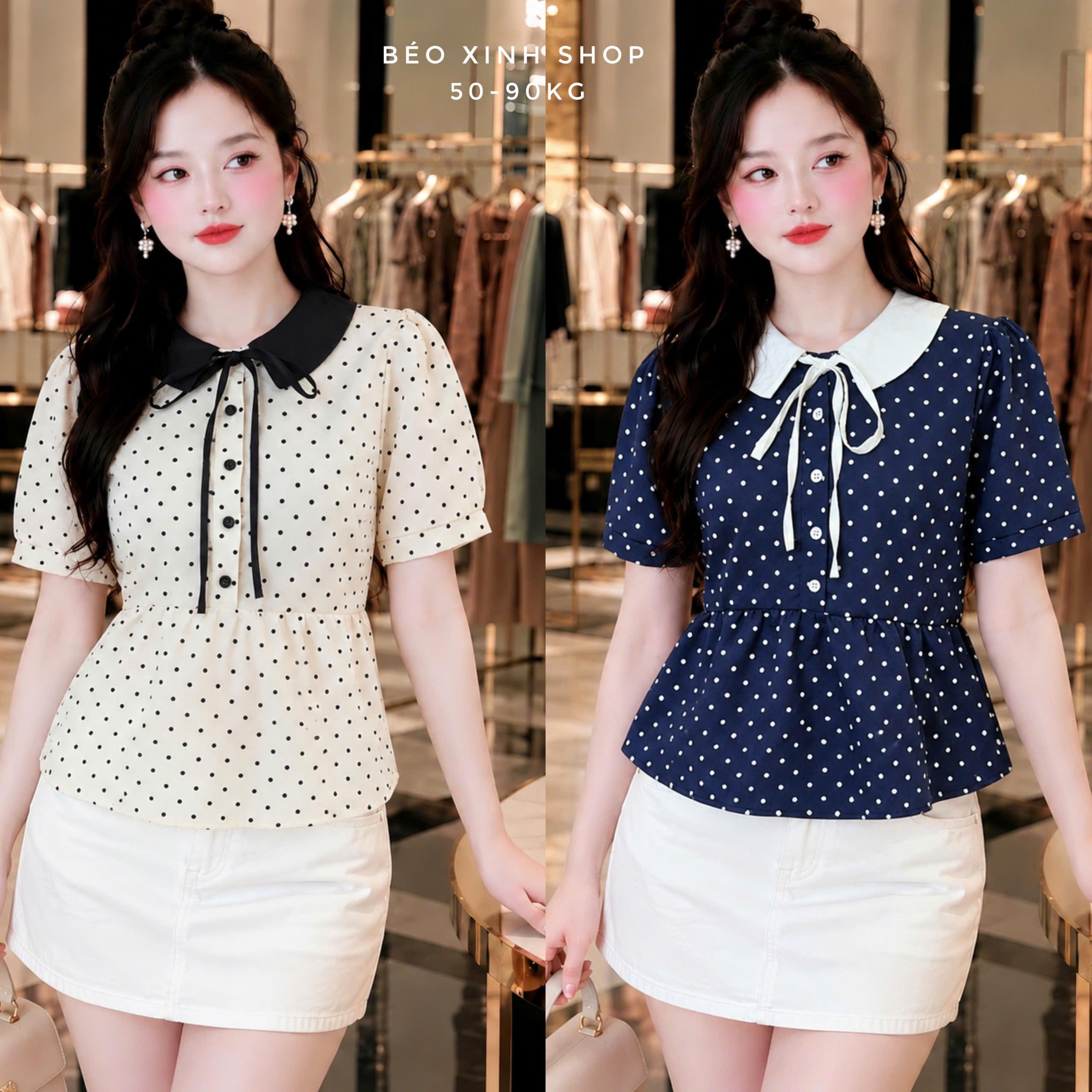 Áo Sơ Mi Áo Kiểu Chấm Bi Cổ Sen Nơ Tiểu Thư – Áo Bèo Che Dáng Size S–2XL 50-90Kg Béo Xinh Shop  - A.1884