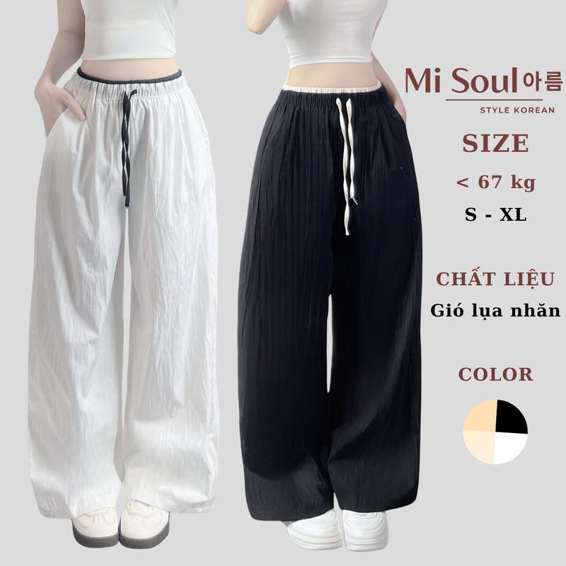 Quần Dài Suông MiSoul Chất Gió Lụa Nhăn Thoáng Mát Phối Cạp Chun Dây Rút BigSize, Quần Ống Rộng 433