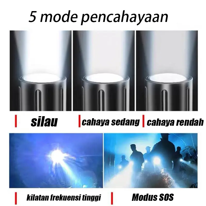 Senter penerangan portabel LED super terang 100 watt murah asli, gratis pengisi daya USB, lampu luar ruangan, senter isi ulang multifungsi Baterai senter Senter Led lampu  sorot senter  transparan 4
